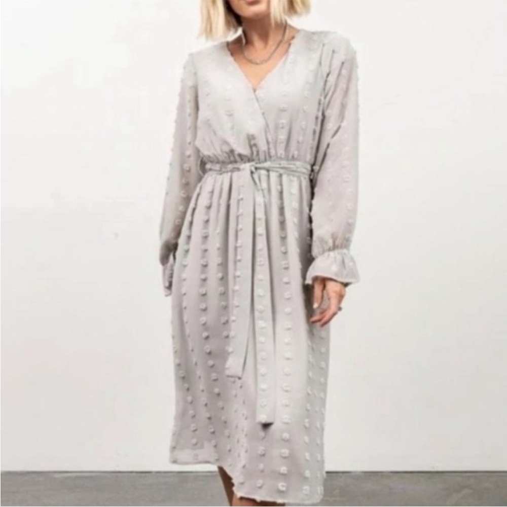 Baltic Born Swiss Dot Long Sleeve Midi Dress Size M In Gray - Picture 2 of 12